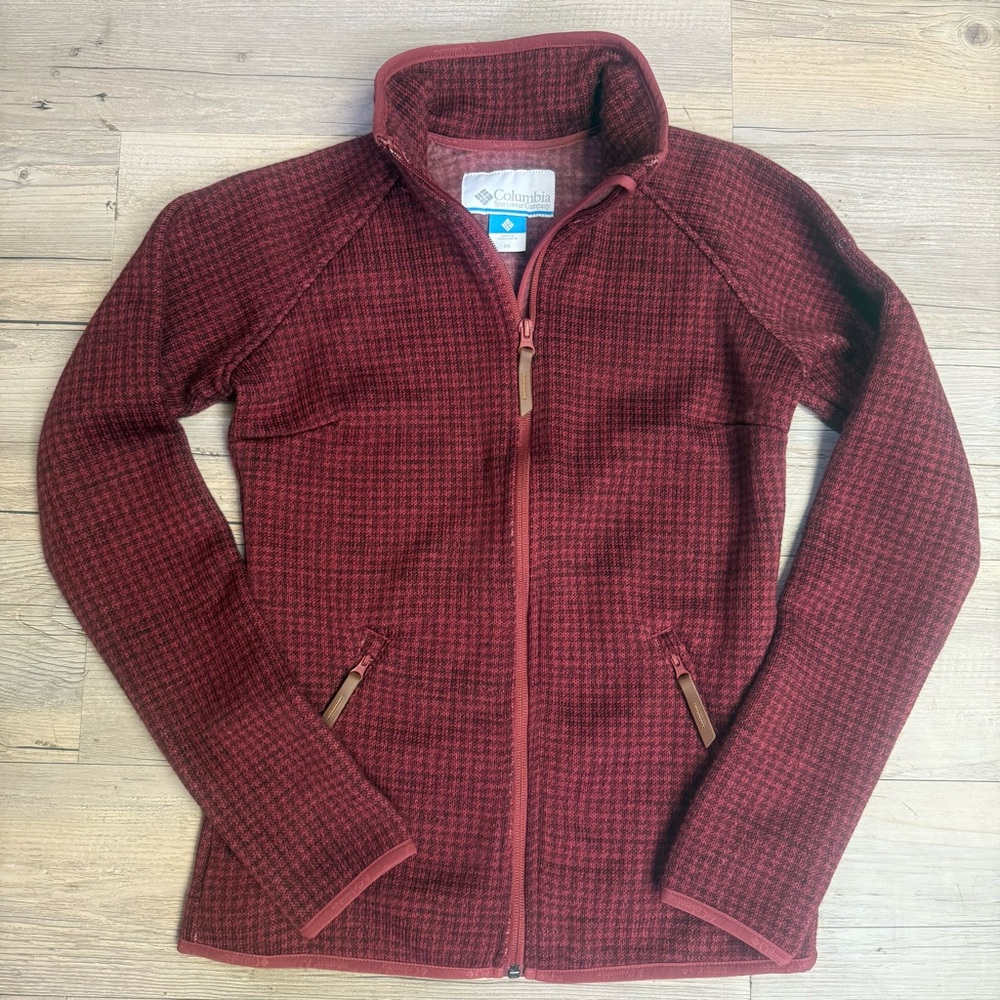 Columbia Women's Small Burgundy Houndstooth Full Zip Fitted Knit Jacket